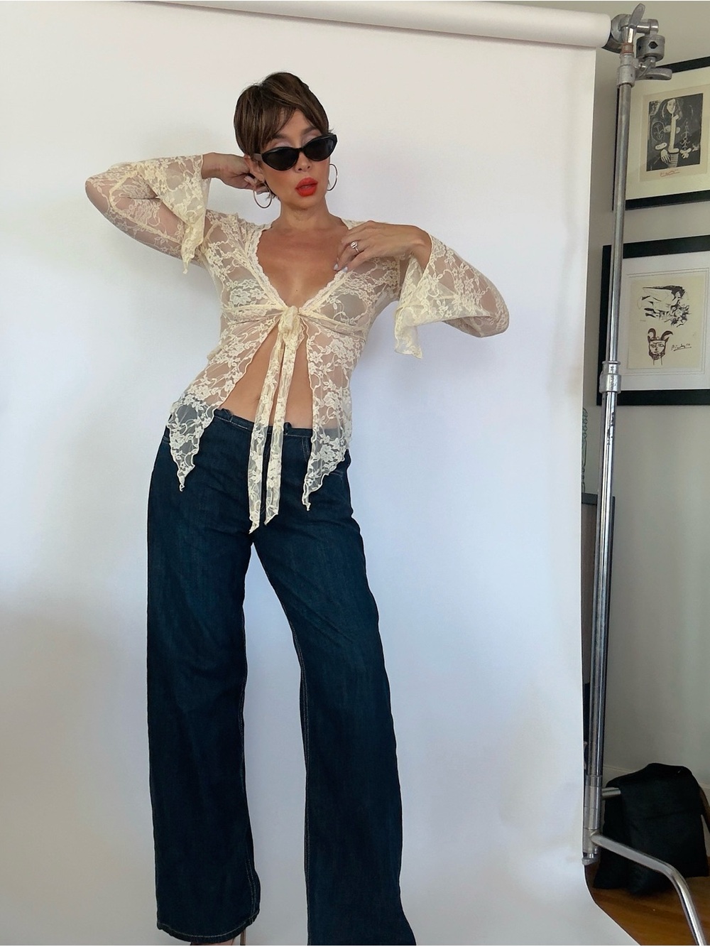 Y2K Cream lace long sleeve top